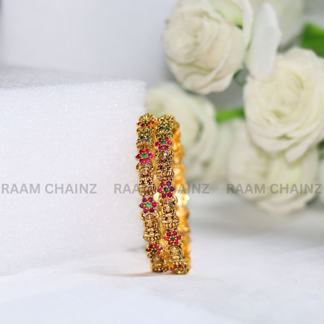Antique Lakshmi Bangles Pinch Flower (Red+Green)